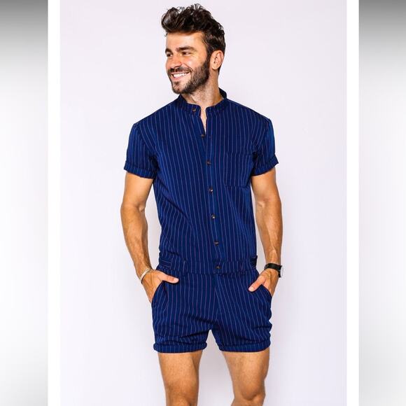 Romper Jack men’s navy chateaux romper navy blue pink pinstripe one piece casual - Picture 1 of 10